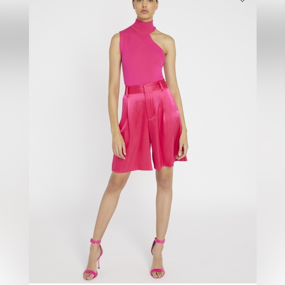 Alice + Olivia KIKI CUT OUT TANK Vibrant Pink Ribbed One-Shoulder Top